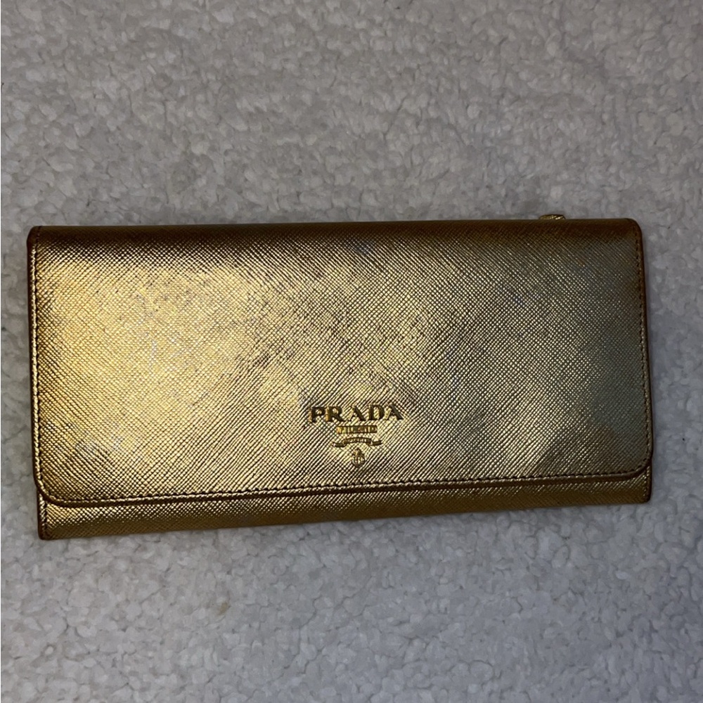 PRADA Gold Saffiano Leather Flap Continental Long Wallet Zippers 100% Authentic